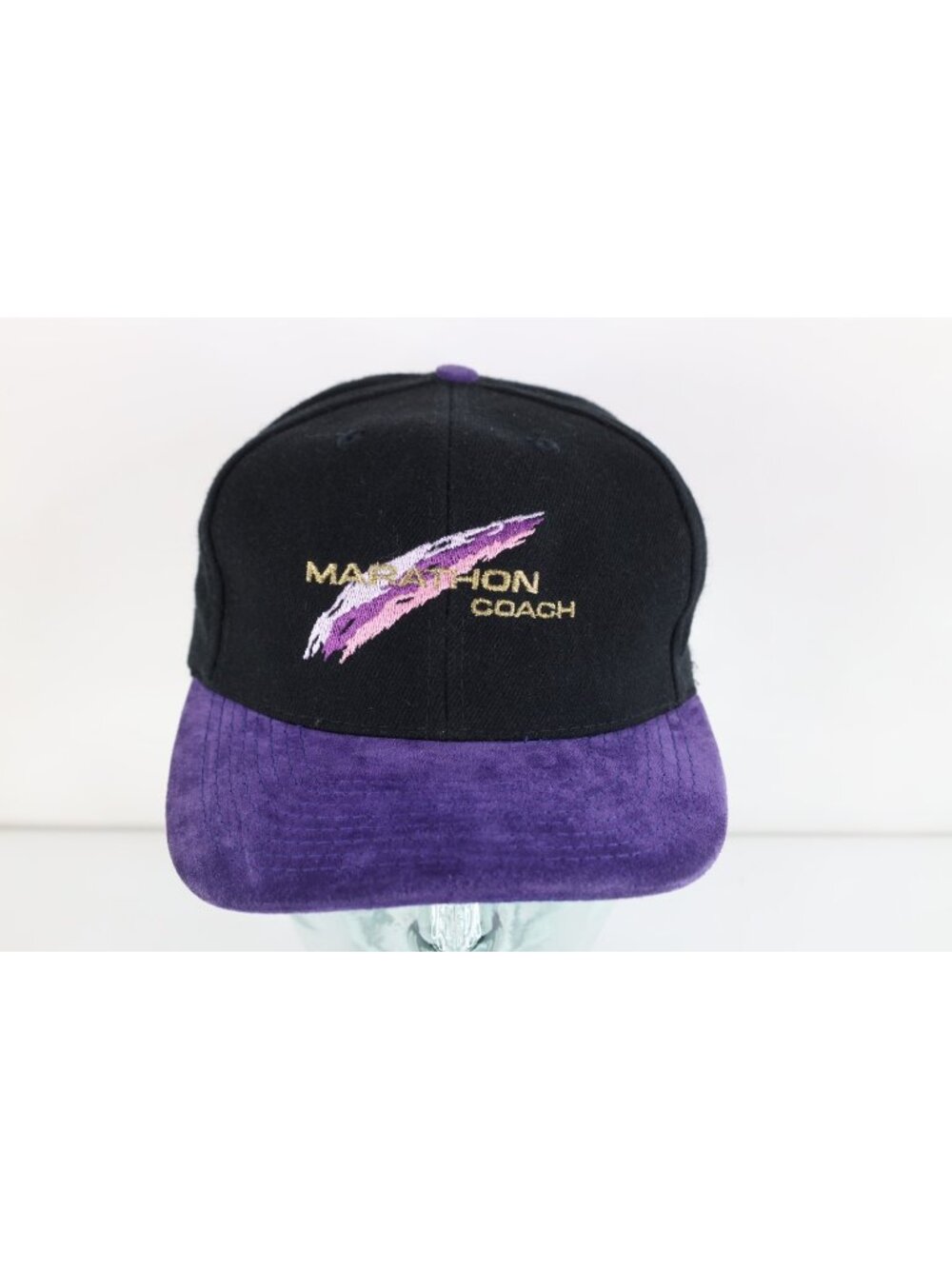 Vintage 90s Streetwear Spell Out Suede Brim Marathon Coach Snapback Hat Black